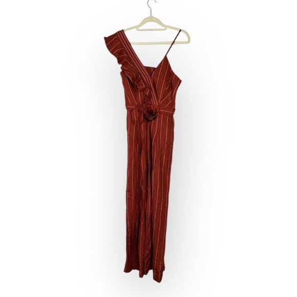 Three Floor Margaux Jumpsuit Womens 4 Burnt Orange Linen Striped Ruffle NWT - Picture 3 of 9